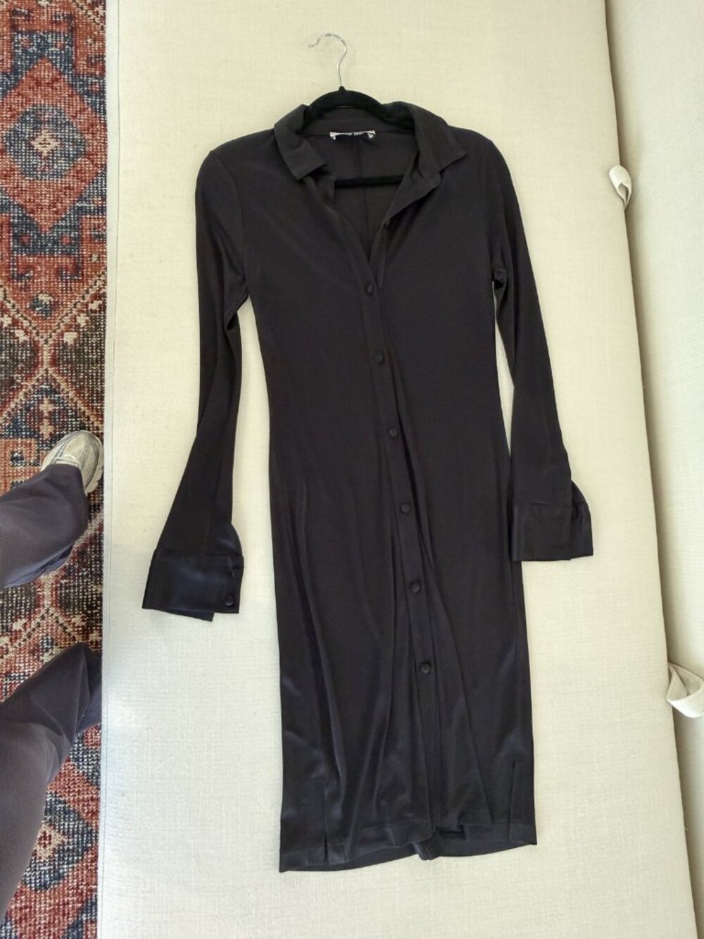 Ciao Lucia Black Satin Button Front Shirt Dress Midi Long Sleeve Collar XS